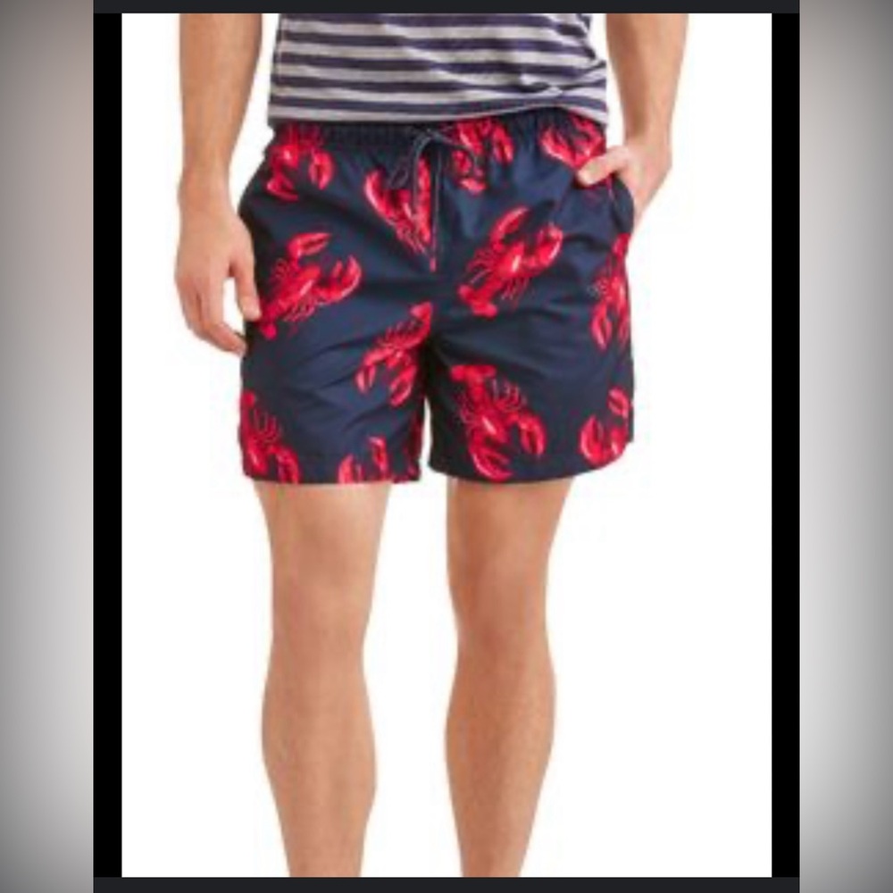 Men’s navy blue red nautical lobster swim shorts pull on swim trunks 36-38 L